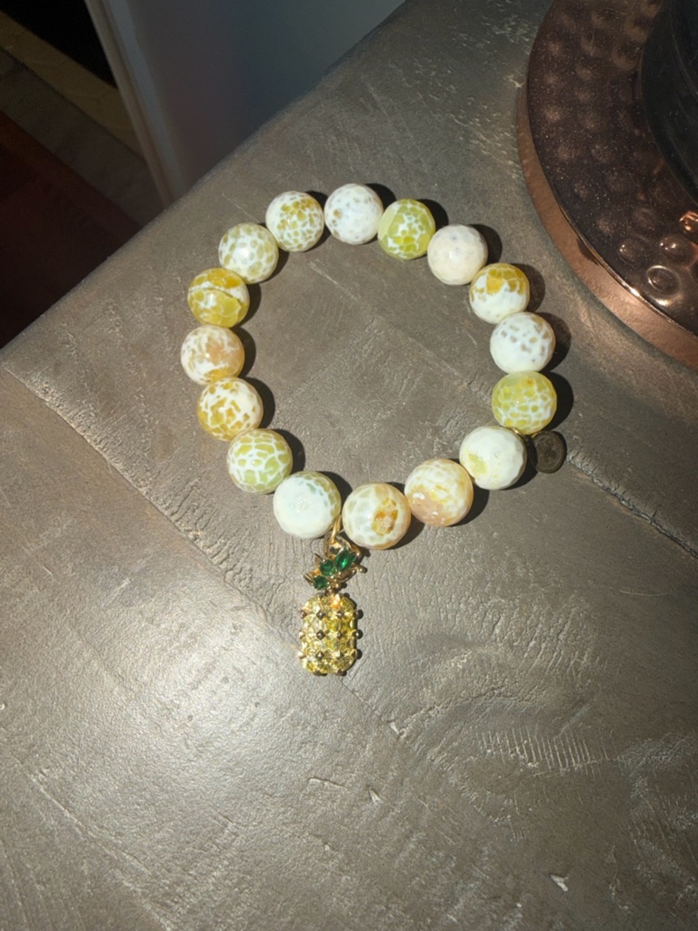 Yellow & White Agate Beaded Bracelet with Gold Pineapple Charm